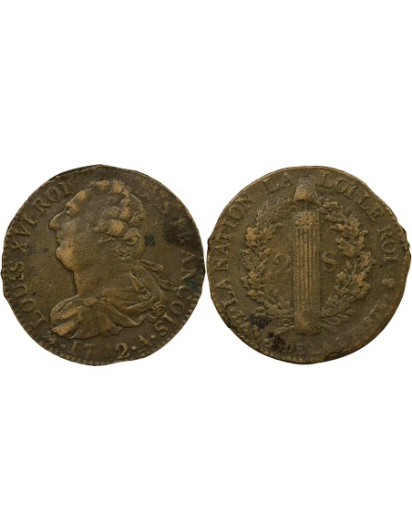 Louis XVI au Faisceau 2 sols Cuivre 1792 A - Paris