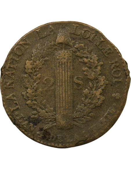 Louis XVI au Faisceau 2 sols Cuivre 1792 A - Paris