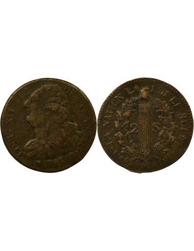 Louis XVI au Faisceau 2 sols Cuivre 1793 BB Strasbourg