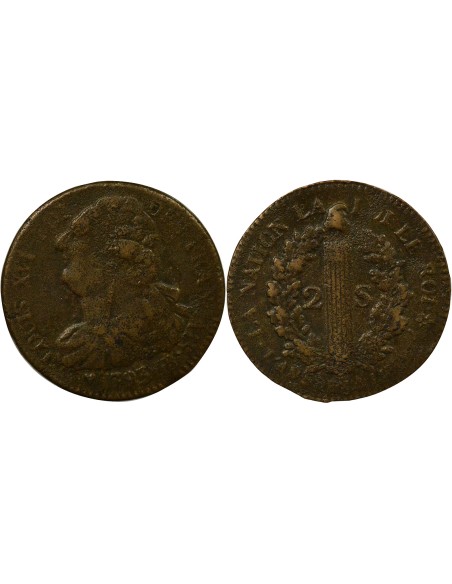 Louis XVI au Faisceau 2 sols Cuivre 1793 BB Strasbourg