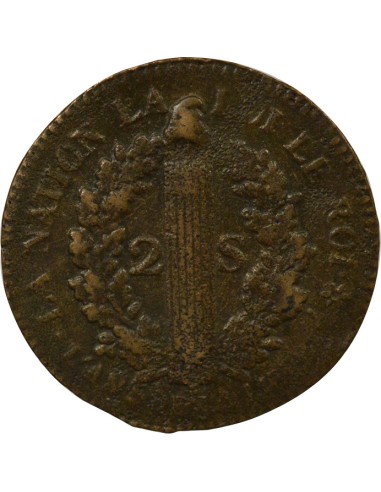 Louis XVI au Faisceau 2 sols Cuivre 1793 BB Strasbourg