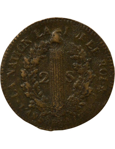 Louis XVI au Faisceau 2 sols Cuivre 1793 BB Strasbourg
