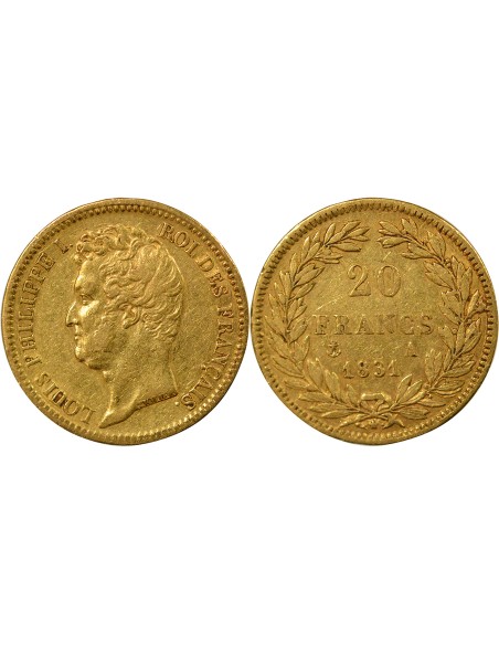 Louis-Philippe Ier Tr. en creux 20 francs Or 1831 A - Paris