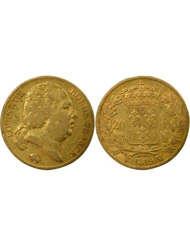 Louis XVIII Tête nue 20 francs Or 1819 W Lille