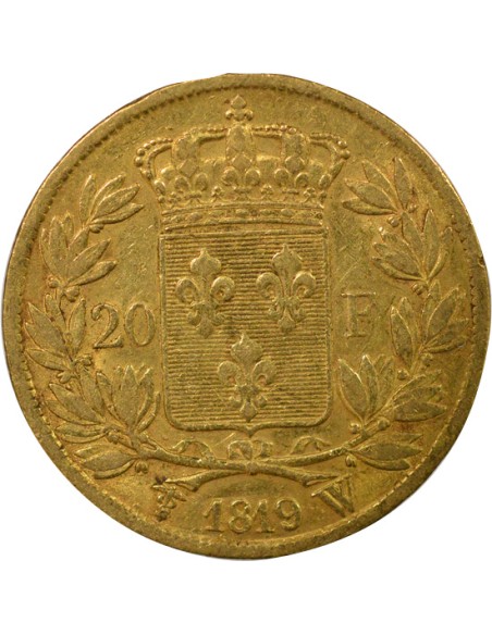 Louis XVIII Tête nue 20 francs Or 1819 W Lille