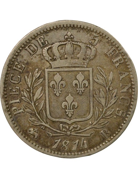 Louis XVIII au Buste Habillé 5 francs Argent 1814 B Rouen