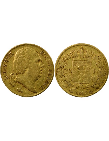Louis XVIII Tête nue 20 francs Or 1817 Q Perpignan
