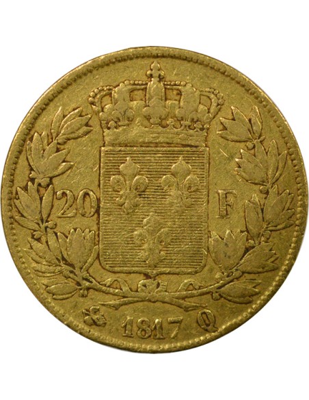Louis XVIII Tête nue 20 francs Or 1817 Q Perpignan