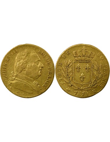 Louis XVIII au Buste Habillé 20 francs Or 1814 K Bordeaux