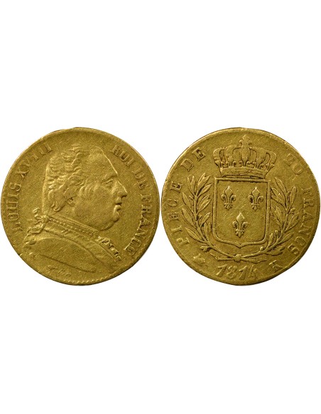 Louis XVIII au Buste Habillé 20 francs Or 1814 K Bordeaux