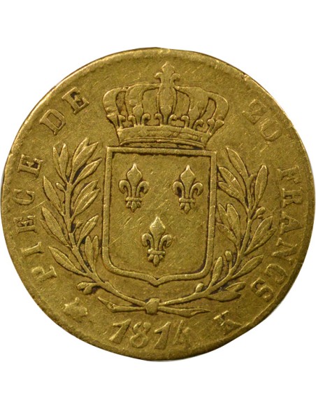 Louis XVIII au Buste Habillé 20 francs Or 1814 K Bordeaux