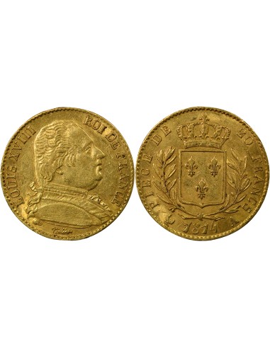 Louis XVIII Au Buste Habillé 20 francs Or 1814 A - Paris