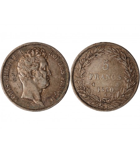 LOUIS PHILIPPE﻿ - 5 FRANCS ARGENT 1830 A PARIS  "Type Tiolier, Tr creux"