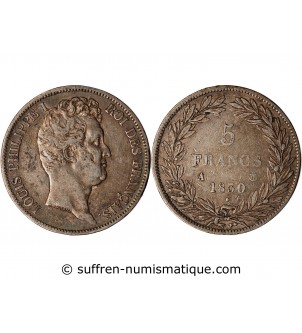 LOUIS PHILIPPE﻿ - 5 FRANCS ARGENT 1830 A PARIS  "Type Tiolier, Tr creux"