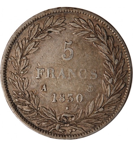 LOUIS PHILIPPE﻿ - 5 FRANCS ARGENT 1830 A PARIS  "Type Tiolier, Tr creux"