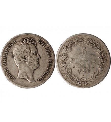 LOUIS PHILIPPE﻿ - 5 FRANCS ARGENT 1830 A PARIS "Type Tiolier, Tr creux"