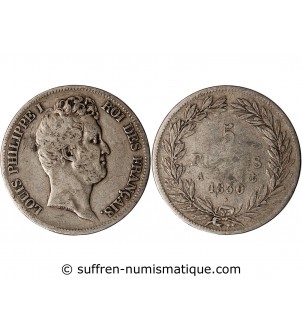 LOUIS PHILIPPE﻿ - 5 FRANCS ARGENT 1830 A PARIS "Type Tiolier, Tr creux"