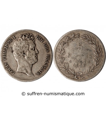 LOUIS PHILIPPE﻿ - 5 FRANCS ARGENT 1830 A PARIS "Type Tiolier, Tr creux"
