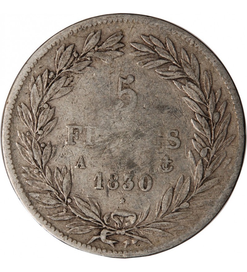 LOUIS PHILIPPE﻿ - 5 FRANCS ARGENT 1830 A PARIS "Type Tiolier, Tr creux"