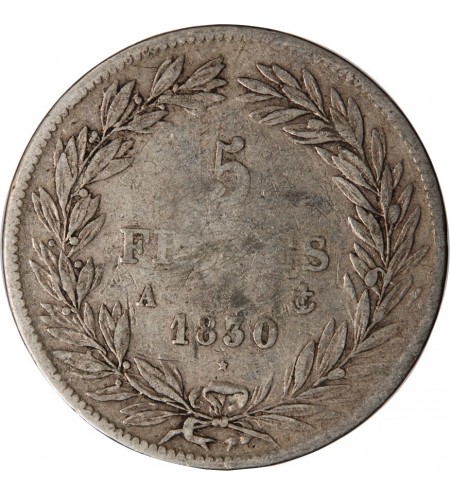 LOUIS PHILIPPE﻿ - 5 FRANCS ARGENT 1830 A PARIS "Type Tiolier, Tr creux"