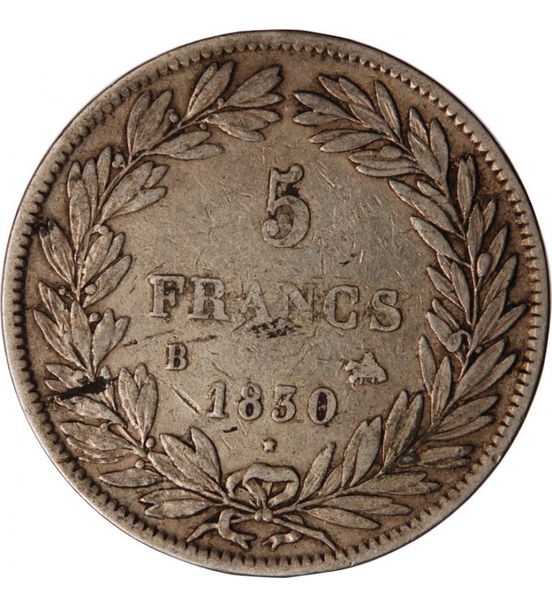 LOUIS PHILIPPE﻿ - 5 FRANCS ARGENT 1830 B ROUEN "Type Tiolier, Tr creux"