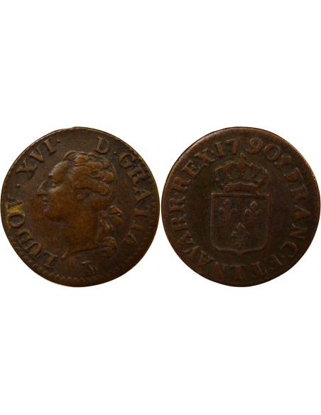 Louis XVI à l'Ecu 1 liard Cuivre 1790 T Nantes