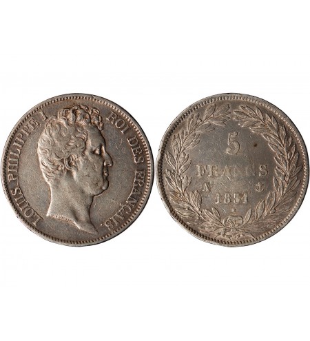 LOUIS PHILIPPE﻿ - 5 FRANCS ARGENT 1831 A PARIS "Type Tiolier, Tr creux"