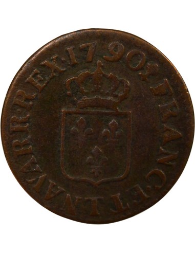 Louis XVI à l'Ecu 1 liard Cuivre 1790 T Nantes