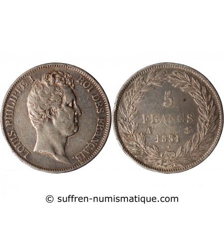 LOUIS PHILIPPE﻿ - 5 FRANCS ARGENT 1831 A PARIS "Type Tiolier, Tr creux"
