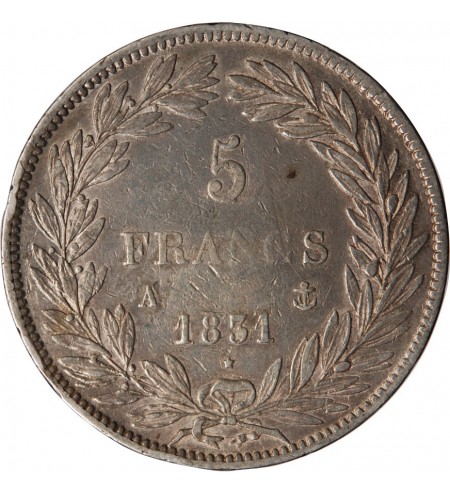LOUIS PHILIPPE﻿ - 5 FRANCS ARGENT 1831 A PARIS "Type Tiolier, Tr creux"