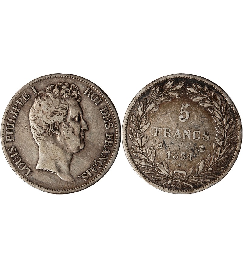 LOUIS PHILIPPE﻿ - 5 FRANCS ARGENT 1831 A PARIS "Type Tiolier, Tr creux"