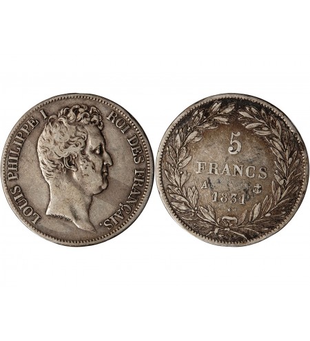 LOUIS PHILIPPE﻿ - 5 FRANCS ARGENT 1831 A PARIS "Type Tiolier, Tr creux"