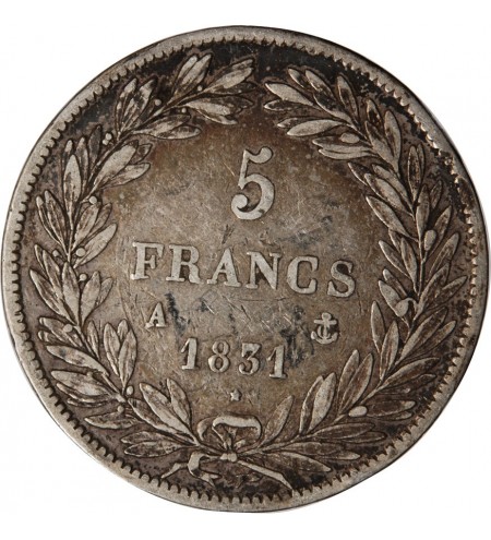 LOUIS PHILIPPE﻿ - 5 FRANCS ARGENT 1831 A PARIS "Type Tiolier, Tr creux"
