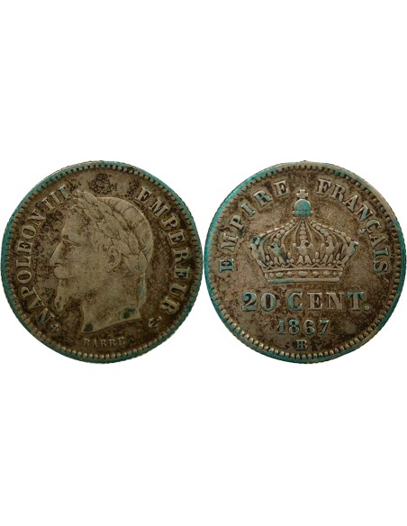 Napoléon III Tête laurée 20 centimes Argent 1867 BB Strasbourg