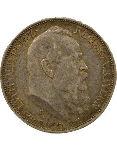 Etats Allemands (Bavière) Luitpold Luitpold - 3 Mark Argent - 1911 D Munich 3 mark Argent 1911 D Munich