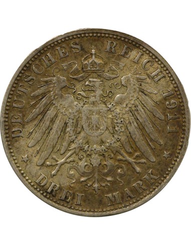 Etats Allemands (Bavière) Luitpold Luitpold - 3 Mark Argent - 1911 D Munich 3 mark Argent 1911 D Munich