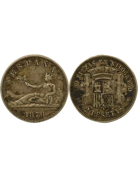 Espagne Gouv. Provisoire - 2 Pesetas Argent - 1870 (1873) Madrid 2 pesetas Argent 1870 (1873) AI Madrid