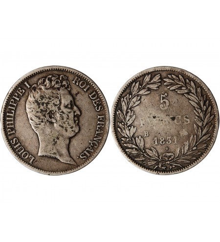 LOUIS PHILIPPE﻿ - 5 FRANCS ARGENT 1831 B ROUEN "Type Tiolier, Tr creux"