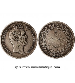 LOUIS PHILIPPE﻿ - 5 FRANCS ARGENT 1831 B ROUEN "Type Tiolier, Tr creux"