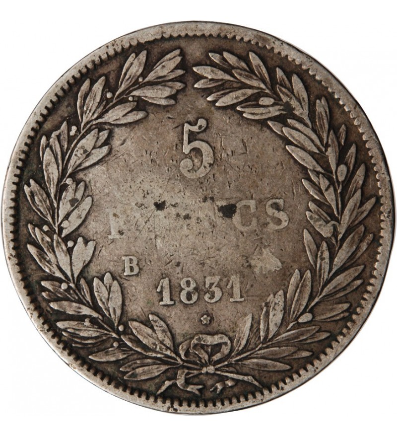 LOUIS PHILIPPE﻿ - 5 FRANCS ARGENT 1831 B ROUEN "Type Tiolier, Tr creux"
