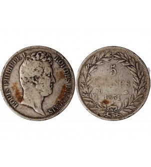 LOUIS PHILIPPE﻿ - 5 FRANCS ARGENT 1831 D LYON "Type Tiolier, Tr creux" 2