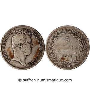LOUIS PHILIPPE﻿ - 5 FRANCS ARGENT 1831 D LYON "Type Tiolier, Tr creux"