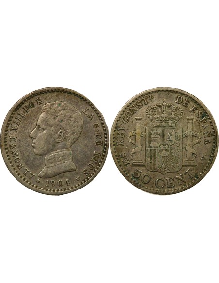 Espagne Alphonse XIII d'Espagne 4e Portrait 50 centimos Argent 1904 AI Madrid