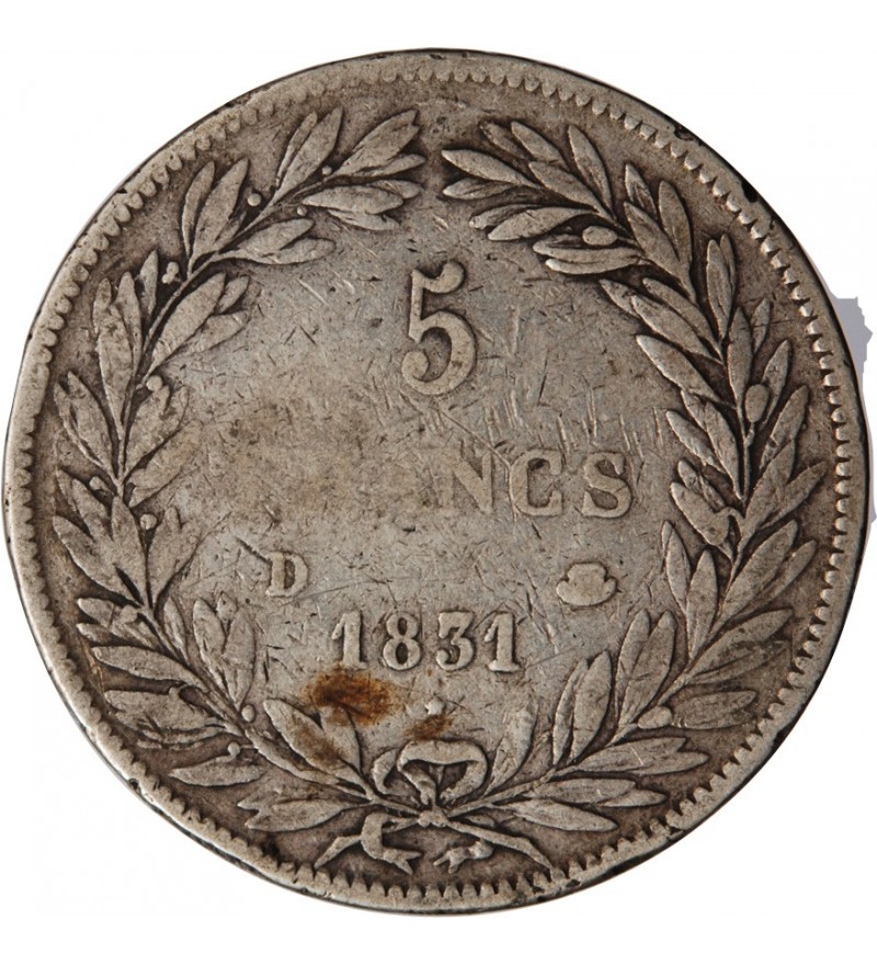 LOUIS PHILIPPE﻿ - 5 FRANCS ARGENT 1831 D LYON "Type Tiolier, Tr creux"