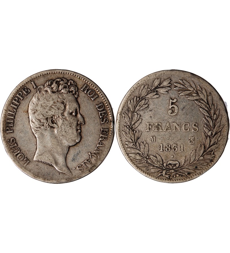 LOUIS PHILIPPE﻿ - 5 FRANCS ARGENT 1831 M TOULOUSE "Type Tiolier, Tr creux"