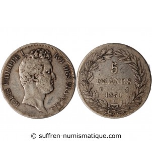LOUIS PHILIPPE﻿ - 5 FRANCS ARGENT 1831 M TOULOUSE "Type Tiolier, Tr creux"
