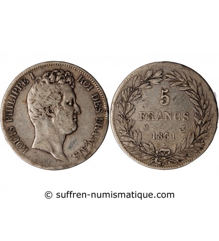 LOUIS PHILIPPE﻿ - 5 FRANCS ARGENT 1831 M TOULOUSE "Type Tiolier, Tr creux"