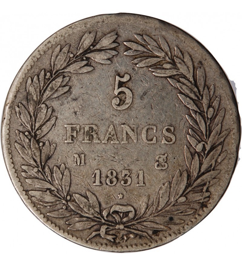LOUIS PHILIPPE﻿ - 5 FRANCS ARGENT 1831 M TOULOUSE "Type Tiolier, Tr creux"