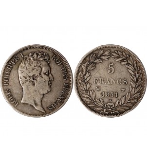LOUIS PHILIPPE﻿ - 5 FRANCS ARGENT 1831 MA MARSEILLE "Type Tiolier, Tr creux" 2