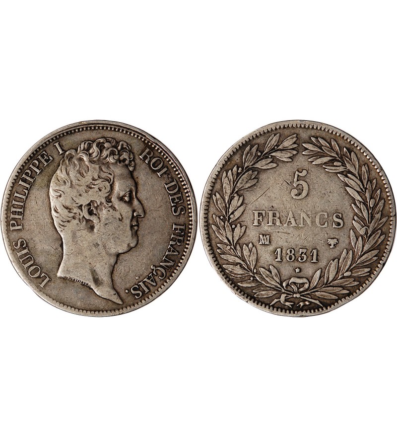 LOUIS PHILIPPE﻿ - 5 FRANCS ARGENT 1831 MA MARSEILLE "Type Tiolier, Tr creux"